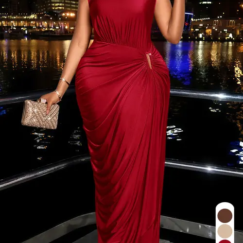 Elegant Casual Women's High-Waisted Fitted Sleeveless Plain Ruffle Dress for Evening Parties, Dates and Formal Wear, All Seasons, Dresses for Party, Womenswear Garment