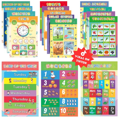 16 Educational Posters for Toddlers 1-3, Laminated Toddler Learning Posters for Preschool, ABC Chart, Numbers, Colors, Shapes, Days of The Week
