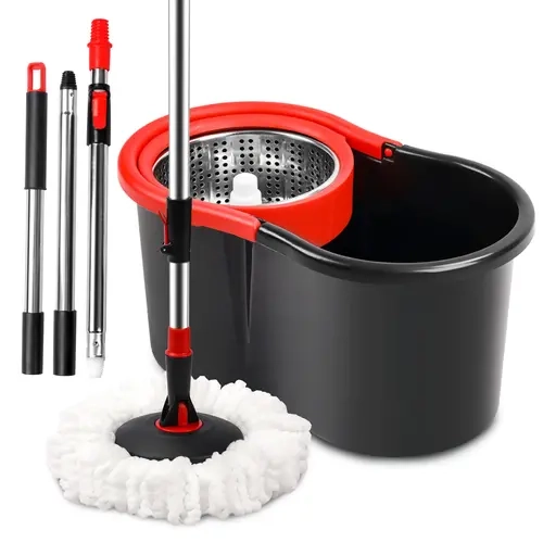 Spin Mop and Bucket with Wringer Set,360° Mop and Bucket System with One Microfiber Mop Refills and 50" Extended Handle for Floor Cleaning (Black)