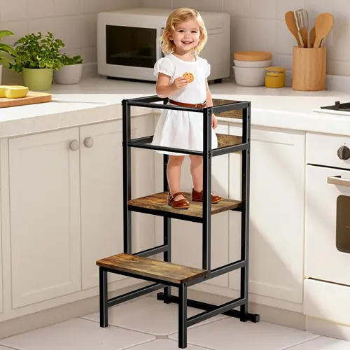 #DealsForYouDays，3-in-1 Toddler Tower with Safety Rail, Iron-Frame Toddler Kitchen Stool Helper，Sturdy and Durable Wooden Standing Tower with Anti-Tip Support Legs，Multi-Functional Toddler Tower Stool