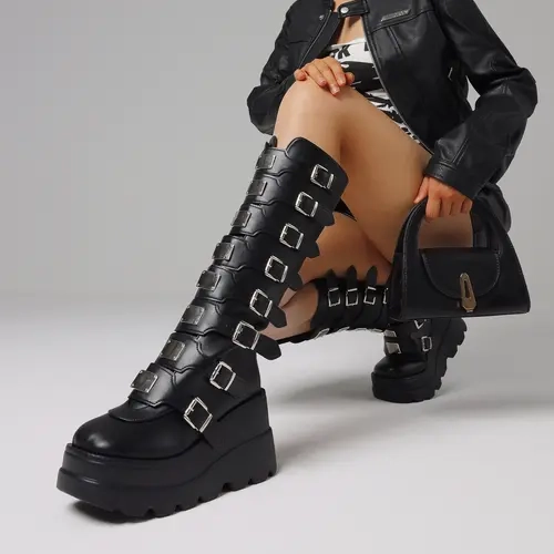Women's Gothic Punk Cuban Platform Flat Boots - Stylish, Round Toe, Bold Buckle Detail, Chunky Shoes, Edgy Rock Grunge Alternative Footwear, All Seasons Casual Statement Shoes