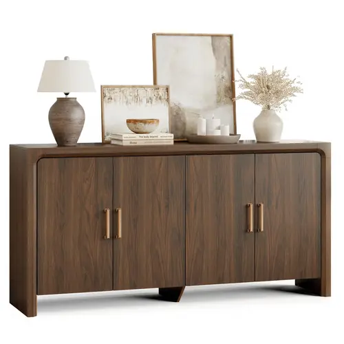 【SummerFinds】ONBRILL 63" Sturdy Large Buffet Cabinet - 4 Doors, Adjustable Shelves, Bottom Legs, Easy-Setup Wood Sideboard with Adjustable Trays, Tea & Coffee Bar Station, Kitchen Console Table for Kitchen, Living Room, Storage Organization, Home Decor, A