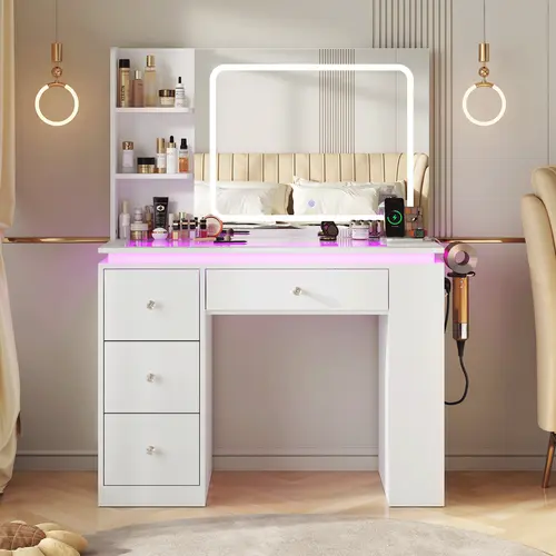CollaredEagle Sturdy Wood Freestanding Rectangular Makeup Vanity Desk - Fancy Vanity with Glass Top, LED Mirror, Adjustable Lighting, RGB Storage Drawers, Power Outlet, Large Capacity Organizer, Included Dressing Chair for Bedroom