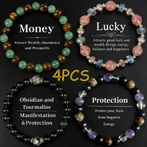 Crystal Beaded Bracelets with Elastic Band - Tiger Eye, Obsidian, Black Tourmaline, Moonstone, Vermilion Jewelry for Women - Enhance Your Look, Money Attraction, Good Luck, Protection - Gift for Couple, Daily Wear Accessory