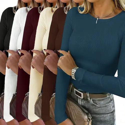 【Limited Time Deal】【Fast Shipping】Women's Stylish Wear Long Sleeve Rib-Knit Spandex Fabric Top - Slim Fitted Basic Tee, Extra Coverage, Multicolor 6-Pcs for Fall Casual Layering