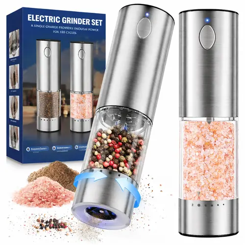 Electric Salt & Pepper Grinder Sets, 2pcs Rechargeable, Adjustable, Modern Stainless Steel Construction, LED one-hand operation Kitchen Utensils