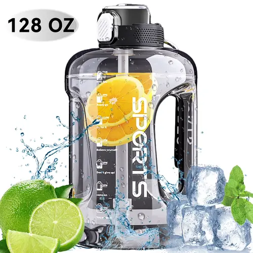 128 oz (1 Gal) Motivational Time-Marked Water Bottle with Straw - BPA-Free Leak-Proof Portable Lightweight Reusable Detachable Outdoor Sports Water Storage Container