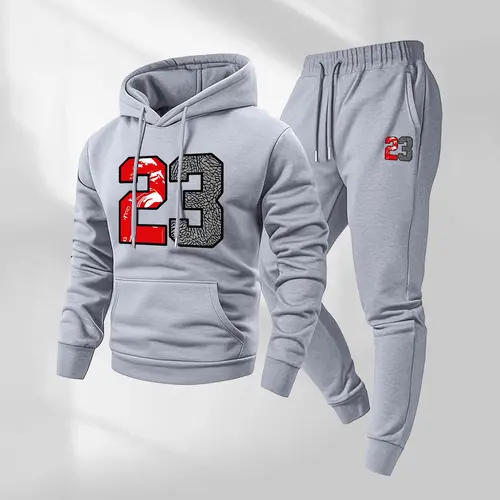Men's Retro Basketball 23 Patterned Hoodie And Drawstring Track Pants Set, Men's Casual Athletic Long Sleeved Hooded Jacket And Pants, Suitable For Fall And Winter, Street Style Hoodie Set, Everyday Wear, Indoor And Outdoor Sportswear