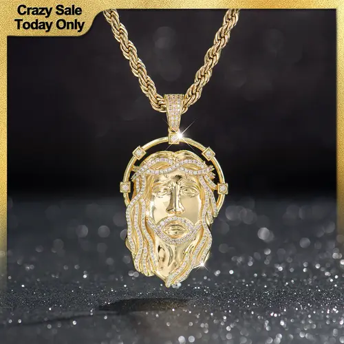 Holylegend 14k Real Gold-Plated Mens Jesus Pendant Necklace, Iced Out Jesus Head with Halo, CZ Diamond Hair & Fully Paved Bail, Hip Hop Religious Jewelry, Gift for Fashion Lovers,Father's Day Gift