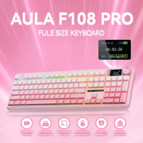 AULA F108 Pro Tri-Mode Wireless Mechanical Gaming Keyboard, Hot Swappable RGB Backlit with Smart Screen, Knob, Full Size Number Pad, USB-C, BT, 2.4G for E-Sports, Work from Home, Custom Keyboard Setup