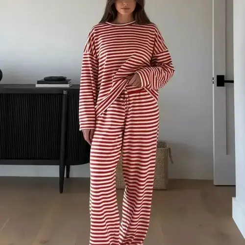 Women's Striped Casual Everyday Set, T Shirts Set, Outfit, Long Sleeve Loose T-Shirt and Pants, Spring and Fall Home Wear, Leisure and Sports