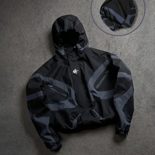 Men's Baseball Jacket with Hood High Street Streetwear Patchwork Print Windproof Outdoor Coat, Fashion Stylish Student College Style Fitted Long Sleeve Outerwear for All Seasons Menswear