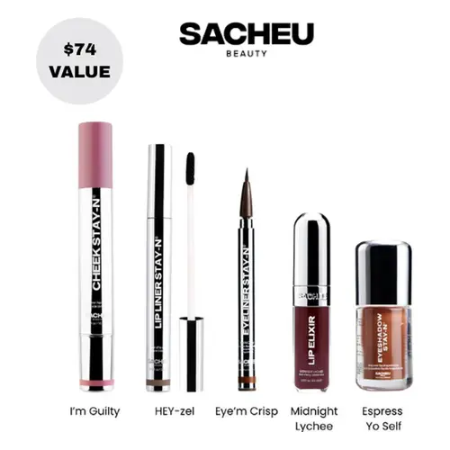sacheu All Day Glam 5-Piece Makeup Set | Lip Liner, Gloss, Eyeshadow, Eyeliner & Cheek STAY-N Kit | Full Face Long-Wear Makeup Set