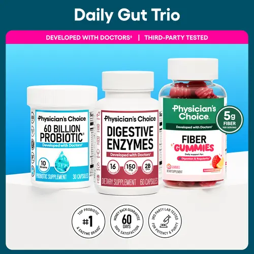 Physician's Choice Daily Gut Trio: Digestive Health, Regularity & Mealtime Support with Fiber Gummies + Digestive Enzymes + 60 Billion Probiotic