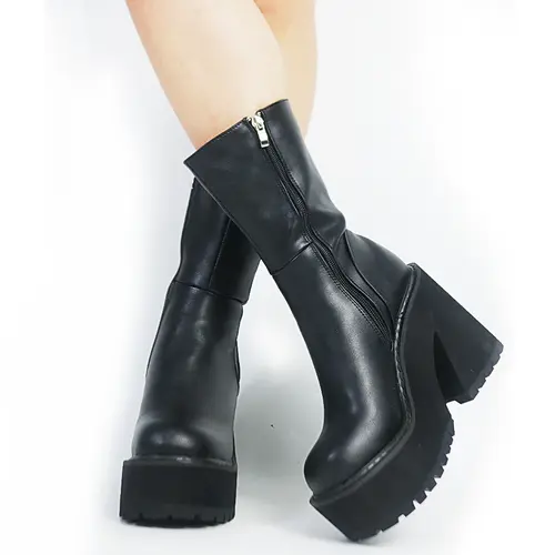 Women's Chunky Heel Platform Boots - Round Toe, Side Zipper, Gothic Booties in Black PU Leather for Edgy Elegance - Women's Shoe, Fashion Footwear