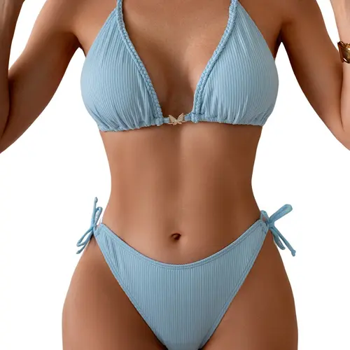 Eomenie Ribbed Bikini Sets for Women Sexy Halter Triangle Top Two Piece Bathing Suit Tie Side Swimsuit, Two Piece Set, 2-Piece Bikini Sets, Swimsuits