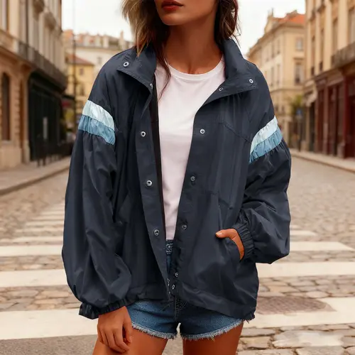 FISOEW Women's Collared Neck Longsleeve Lightweight Windbreaker Coat - Contrast Patchwork, Elastic Cuff Sleeves, Adjustable Hem, Casual Streetwear Women's Clothes Outerwear, Coats,back to school,back to school shopping, Jackets, Elastic Cuffed Cuffs