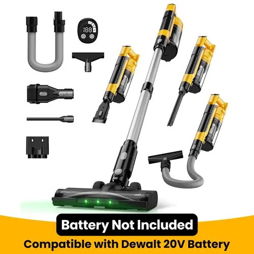 Battery Not Included 350W Brushless Cordless Stick Vacuum Cleaner (Compatible with Milwaukee M18/Dewalt 20V/Makita 18V Batteries), 35kPa 3-Mode Suction, 6-in-1 Design with HEPA Filter, Multi-Cyclone Keeps Suction, Clean Floors Solution for Floors,Carpets,