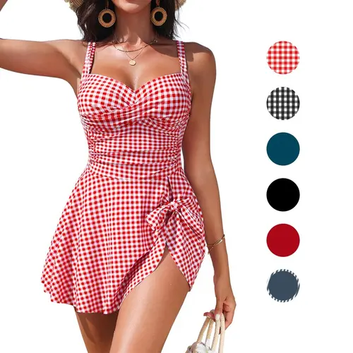 Blooming Jelly Womens Gingham One Piece  Swim Dress Tummy Control Swimsuits Modest Bathing Suit Full Coverage Swim Skirt Adjustable Strap Swimdress #SwimWeek #Summervibes summerwins