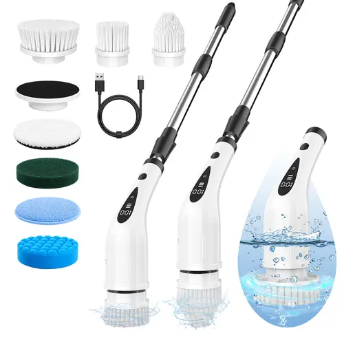 New Electric Cordless Spin Scrubber - 2-Speed Rotating Mop & Cleaning Brush, 8 Interchangeable Heads, 3-Position Adjustable Extension Pole, USB-C Charging, Cordless Freedom, Simple Setup Gets You Cleaning Faster for Bathrooms & Kitchens