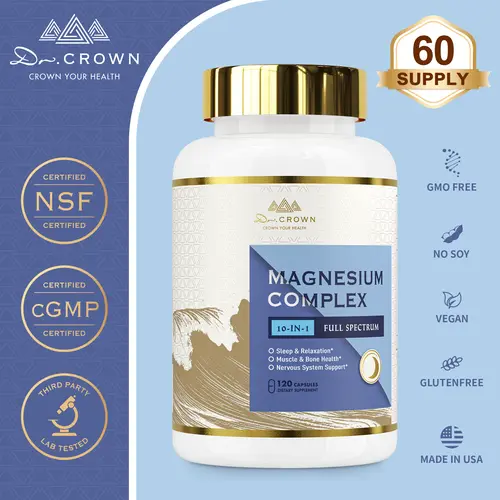 Dr. CROWN 10-in-1 Magnesium Supplement for Sleep Support & Relaxation, Muscle, Nerve & Heart Health - 120 Capsules