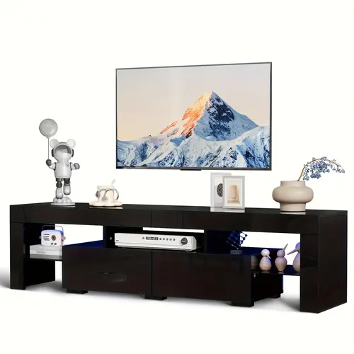 【Father's Day Gift】63in Rectangular High Glossy Modern TV Stand - 62.9x13.7x17.7in LED Console Table for 55/60/65/70in Screens, LED Lighting, 2 Glass Shelves, Easy Setup, Indoor Living Room Furniture