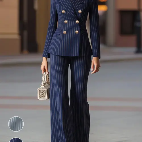 Women's New Elegant Chic Striped Double-Breasted Button Pants Suit, Business Suit Set, Office Commute Business Attire Clothes for Fall and Winter with Slim Fit