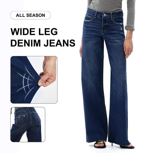 Freya ONESO Mid-Rise High Stretchy BBL Jeans Wide Leg Tummy Control Raw Hem Denim Pants Womenswear Bottom Comfortable Denim Jeans