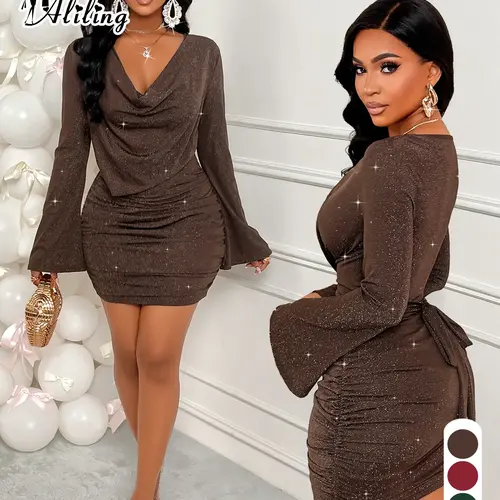 Sexy Draped Neck Long Sleeve Flare Sleeve Tie Waist Ruched Fitted Elegant Evening Wear Formal Party Mini Dress With Glitter Knitted Fabric, Elegant Chic Sexy Casual, Wedding Guast, Halloween Day, Christmas Day, Fall/Winter Clothes For Women