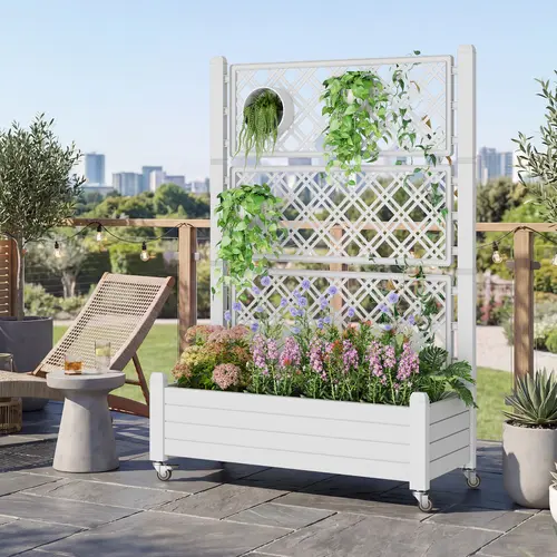 Rotating Raised Garden Bed with Trellis, Elevated Planter Box on Wheels, 360° Mobile Stand with Drainage & Critter-Proof Design, for Outdoor Vegetables, Flowers & Climbing Plants,Summervibes