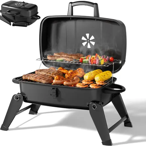 MASTER COOK Compact Stainless Steel Portable Charcoal/Gas Grill - Foldable, Lightweight BBQ with Adjustable Air Vent, 330 sq in Cooking Area for Outdoor Cooking, Grilling Vegetables, Park Use