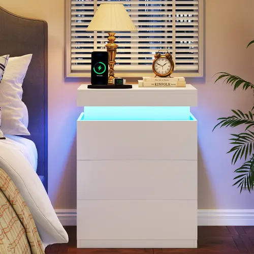 TryLazy Furniture Nightstand With Sliding Top Charging Station And LED Lights Furniture Bedroom Modern Design Bedside Table Drawer Home