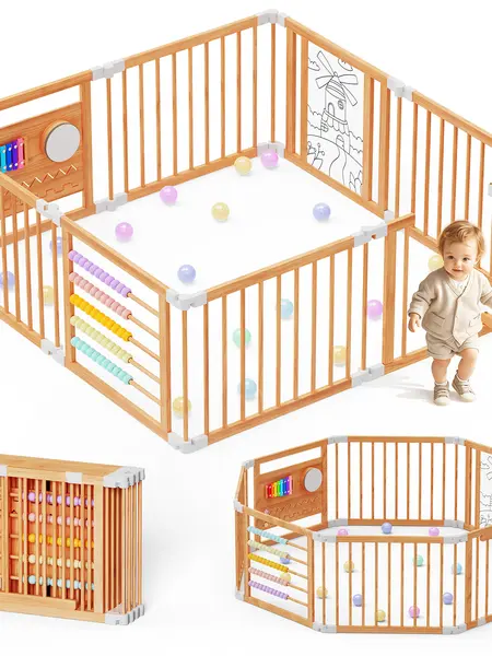 #DealsForYouDays Naudacaa Baby Playpen & Safety Gate, 6/8/10 Panels  Foldable Pine Wood Play Yard with Child-Proof Lock, Easy-Assembly Baby Fence for Indoor Safe Play