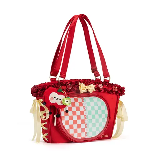 Kabaqoo Original Design Love and Deep Space Xia Yizhou Women's Large-Capacity PU Tote Satchel - Bags for Women with Panel, Red Ruffle Bow Charm, Adjustable Strap, Synthetic, Everyday Bags, Black Friday Deal, Holiday Use