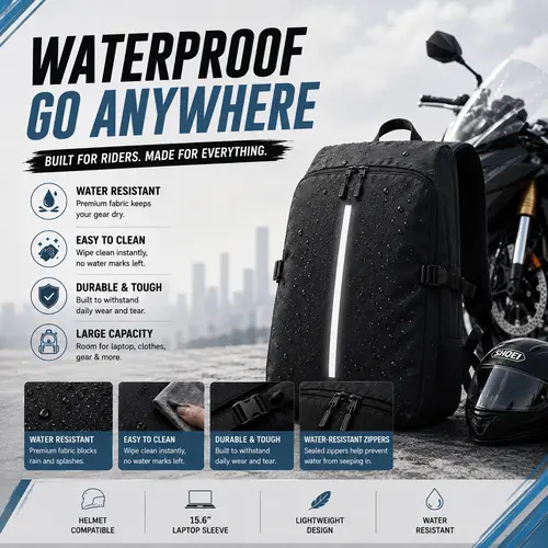 Motorcycle Backpack with Safety Reflective Strips Anti-Theft Zippers Large Capacity Main Compartment & Independent Helmet Storage Ideal for Long-Distance Riders