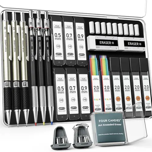 【back to school supplies】 Four Candies 25PCS Mechanical Pencil Set with Case,3PCS 0.5/0.7/0.9mm Metal Pencils,3PCS 4B Erasers &432PCS Graphite Leads,Back to School Shopping,School Essentials for Writing,Drawing,