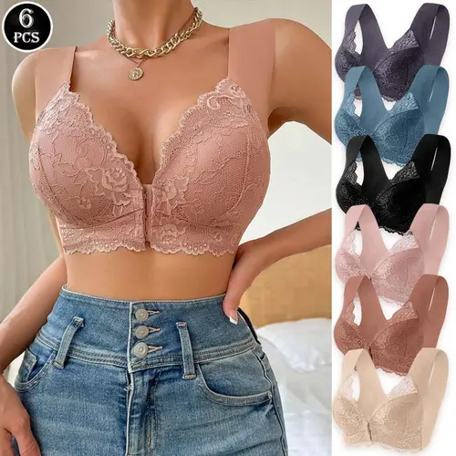 Women's Chic 6pcs Nylon Blend Wire-Free Bralettes - V-Neck, 3/4 Coverage Lingerie with Hook-and-Eye Closure, Retro Racerback, Floral Contrast Lace, Soft Breathable All-Season Everyday Wear