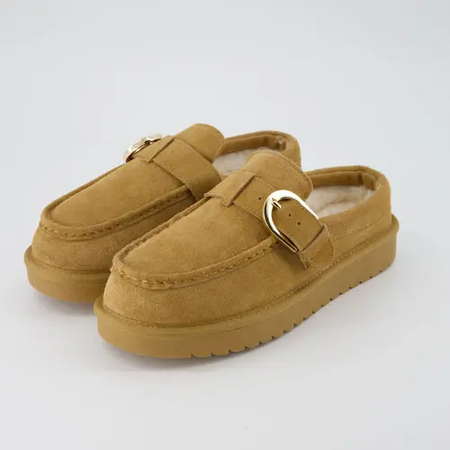 Cushionaire Origin Genuine Suede Mule Clogs For Women | Cozy Slip On Moc Toe Loafers With Buckle Strap | Faux Fur Lined Suede Clogs For Everyday Outfits