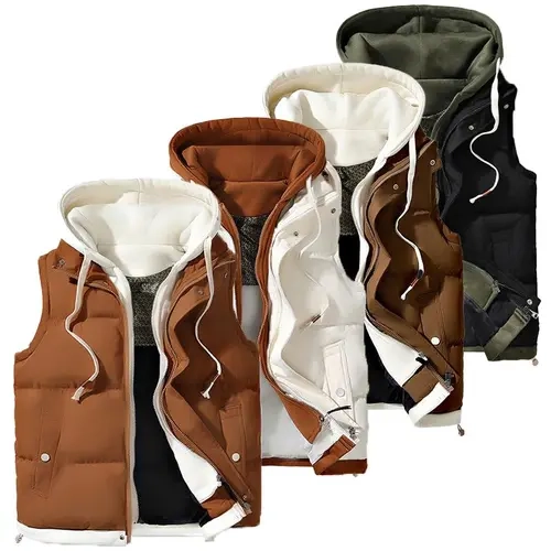 Autumn/Winter couples’ hooded warm vest, unisex outerwear, fashionable faux two-piece design, warm polyester fiber, machine washable, winter warmth, outdoor casual top, thickened, couples’ style, jacket