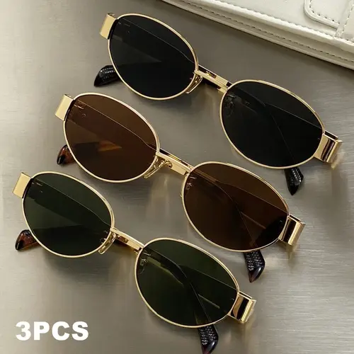 Female 3pcs Classic Oval Metal Frame Sunglasses with Tinted Lenses, Versatile Casual Eyewear for Everyday Wear & Beach Outfits, Fashionable Backup Accessory for Weekend Getaways, Convenience