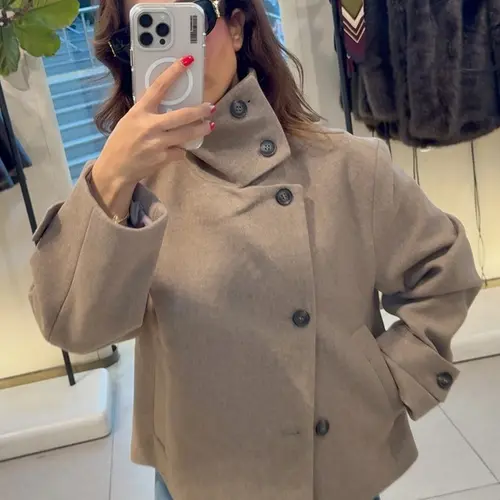 Cropped Jacket Women's Jacket Oversized Brown Coat Asymmetric Button Stand Collar Long Sleeve Jacket Soft Cozy Warm Fabric Jacket Office Wear Casual Outerwears