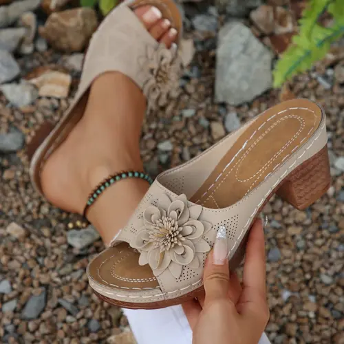 Women's High Heel Floral Sandals, Classy Sandal, Casual Trendy Sandals, Hollow Out Breathable Upper, Elegant Flower Embellishments, Casual Outdoor Shoes, All Seasons, Fashionable Floral Sandals