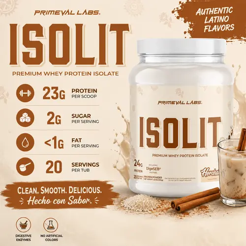 PRIMEVAL LABS ISOLIT Whey Protein Isolate Agua Fresca Flavors Low Fat High Protein 23g Protein 20 Servings