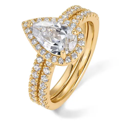 PAVOI 14K Gold Plated Pear Cubic Zirconia Engagement Ring Set for Women - Bridal Eternity Promise Jewelry