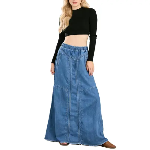Ebossy Women's Retro Vintage Cotton Blue Denim Maxi Skirt - Elastic High Waist, Frayed Hem, A-Line Flowy Fit, Pockets, Patchwork Stitching - Casual Women's Bottom
