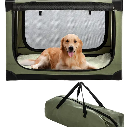 Collapsible Travel Dog Crate, Portable Soft Dog Kennel for Small Medium Pets up to 30 lbs, 4-Door Foldable Travel Crate with Durable Mesh & Storage Bag, Green/grey/black