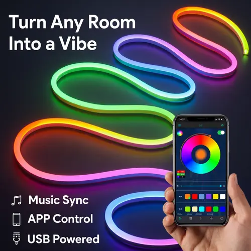 RGBIC Smart Neon LED Light Strip - Bluetooth APP & Remote Controlled, Music Sync, USB Powered, Vibrant Indoor LED Lights Bedroom with Home Decor & Unique Room Decor Uses