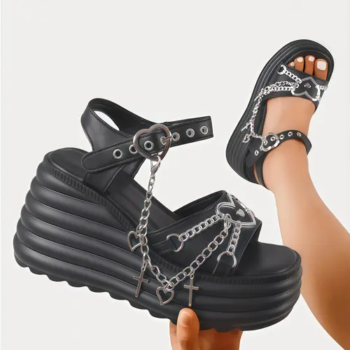 Women's Gothic Platform Sandals - Stylish Cross Chain Detail, Chunky Heel, Comfortable Black Heels for Women, Everyday Casual Footwear