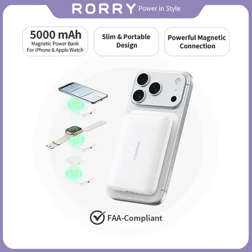 RORRY MagSafe Power Bank 5000mAh – 15W Wireless + 20W USB-C Fast Charging for iPhone 17/16/15 & Apple Watch, Ultra-Slim Travel Charger backtoschool,back to school,back to school haul