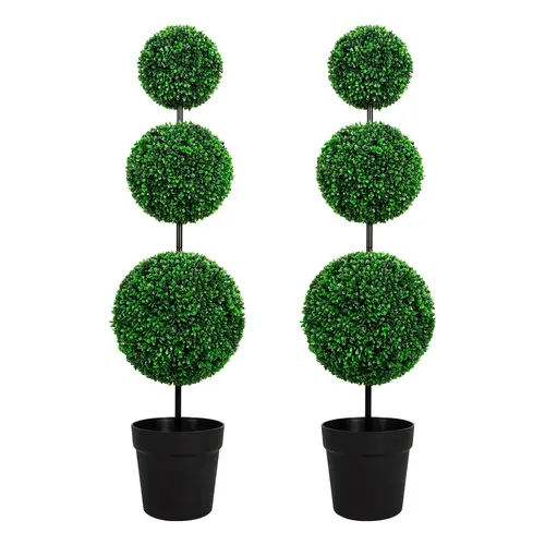 Artificial Flower Topiary Set of 2 - 3FT & 4FT UV-Protected Triple Ball Faux Boxwood Trees, Hand-Formed Spheres, Low-Maintenance Greenery, Artificial Plant Decor for Entryways, All-Weather Indoor/Outdoor Home Supplies (Saves More Time)